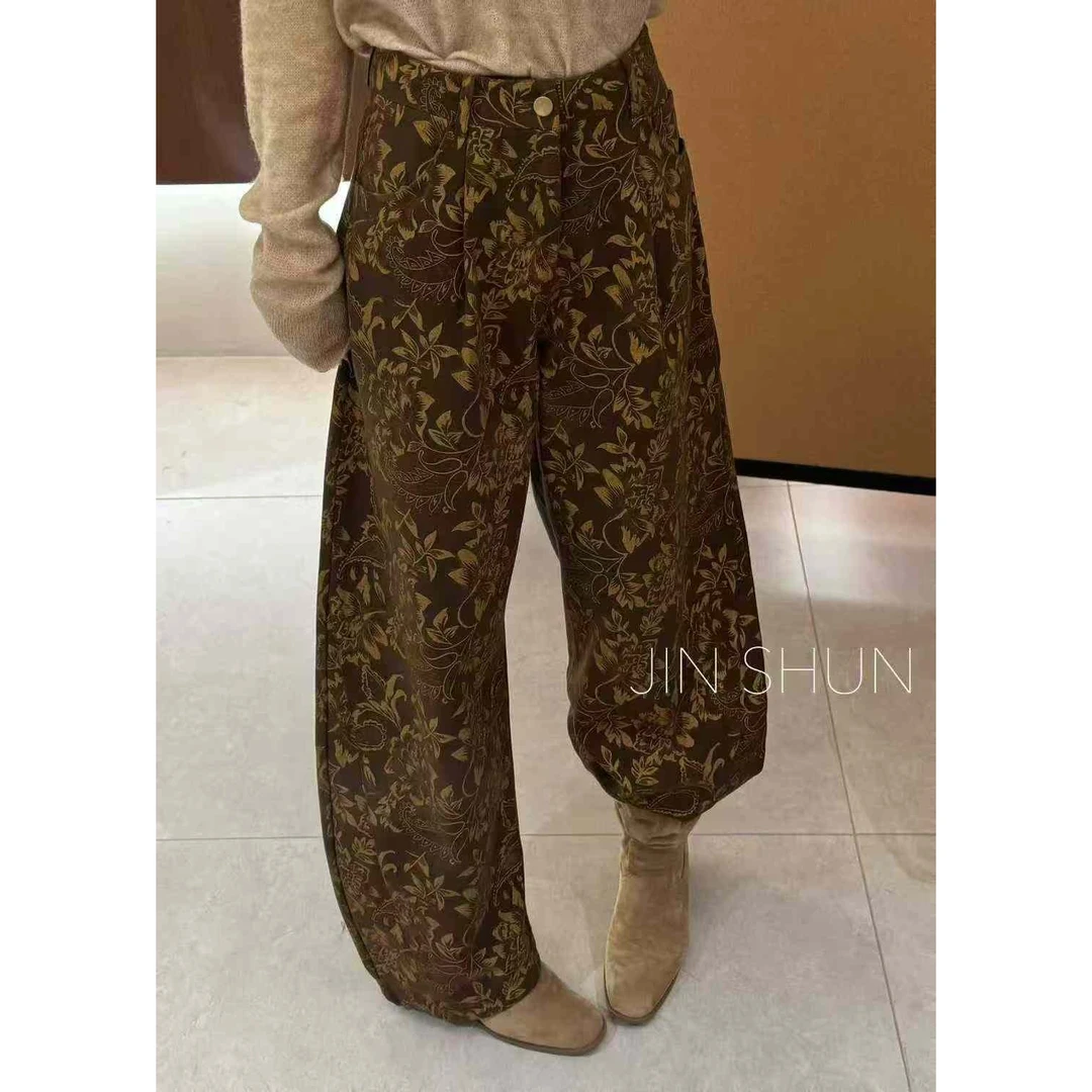 KIKI严选：7073-JG家欧洲站南油秋冬加厚高腰印花老钱风加绒阔腿裤