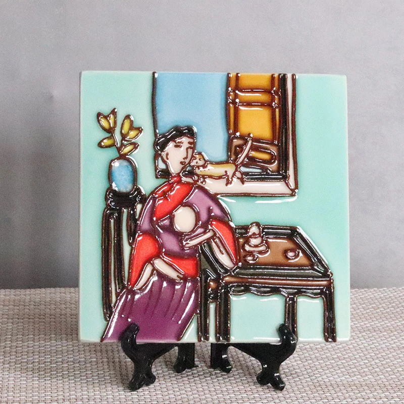 10cm方-人物-立体浮雕瓷板画杯垫摆件