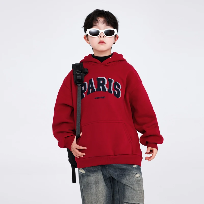 男大童新款韩版潮流简约冬季红色连帽加绒加厚卫衣本命年秋冬衣服