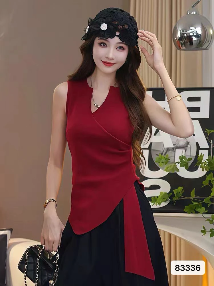 交叉V领不规则修身显瘦无袖针织吊带背心女夏季洋气百搭