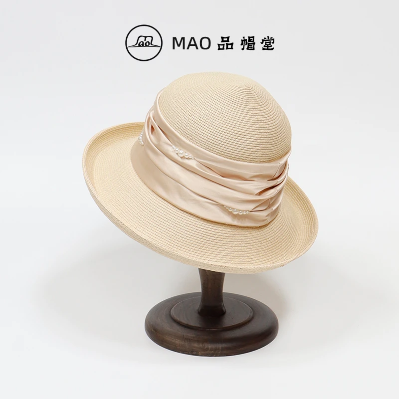 mao品帽堂2025春夏新款遮阳帽女时尚百搭出游草帽珍珠丝带渔夫帽