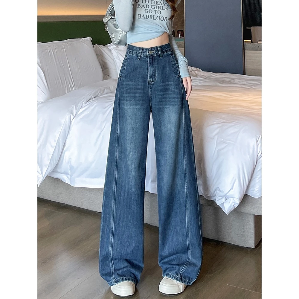 时尚显瘦复古蓝弯刀牛仔裤女春秋2025款小个子窄版直筒镰刀阔腿裤