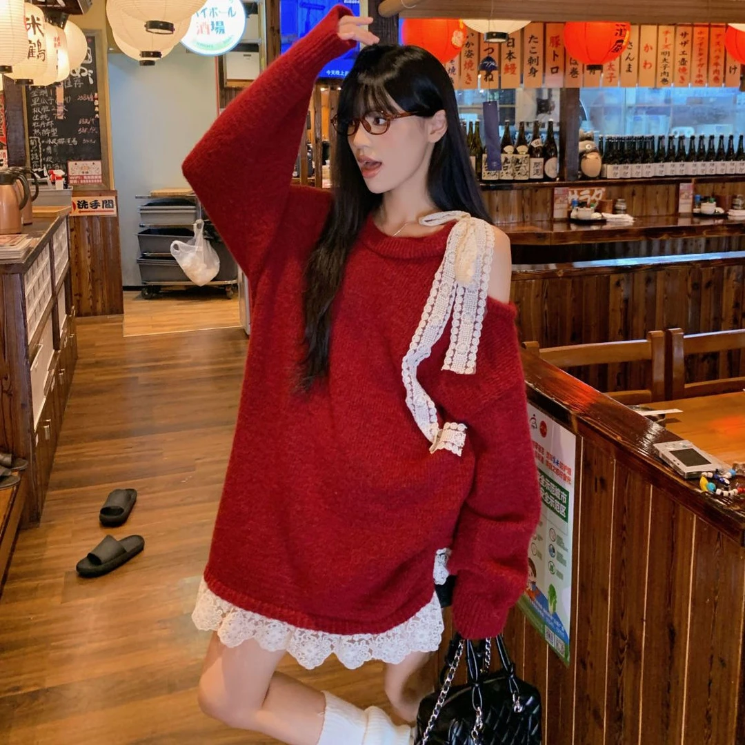 设计感蕾丝拼接露肩毛衣女冬季减龄蝴蝶结绑带软糯针织衫