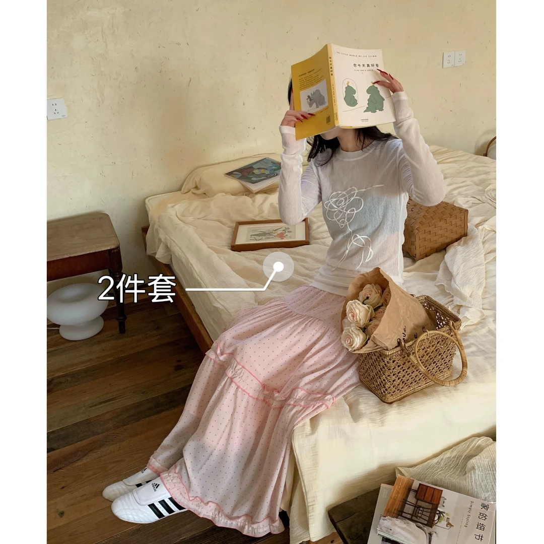 韩版夏季甜美少女粉色波点少女感蛋糕裙+罩衫上衣套装松紧腰长款