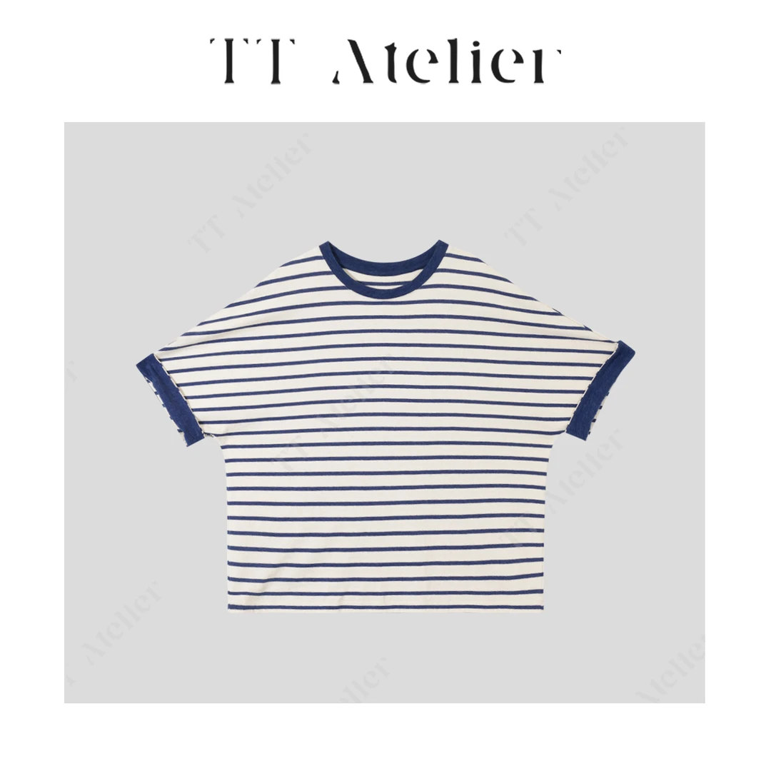 TT设计师【远航】纯棉藏蓝米白条纹设计百搭轻奢宽松t恤TT190395