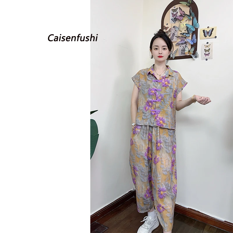 新中式夏季宽松翻领短袖衬衫女民族风复古盘扣时尚气质套装两件套