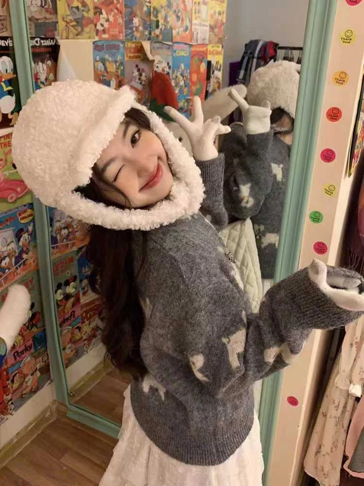 秋冬新款韩版圆领提花慵懒风开衫女设计感温柔软糯长袖毛衣外套女