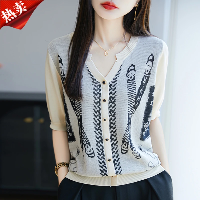2025新款独特小衫时尚百搭针织衫短袖女V领T恤涂鸦上衣夏季