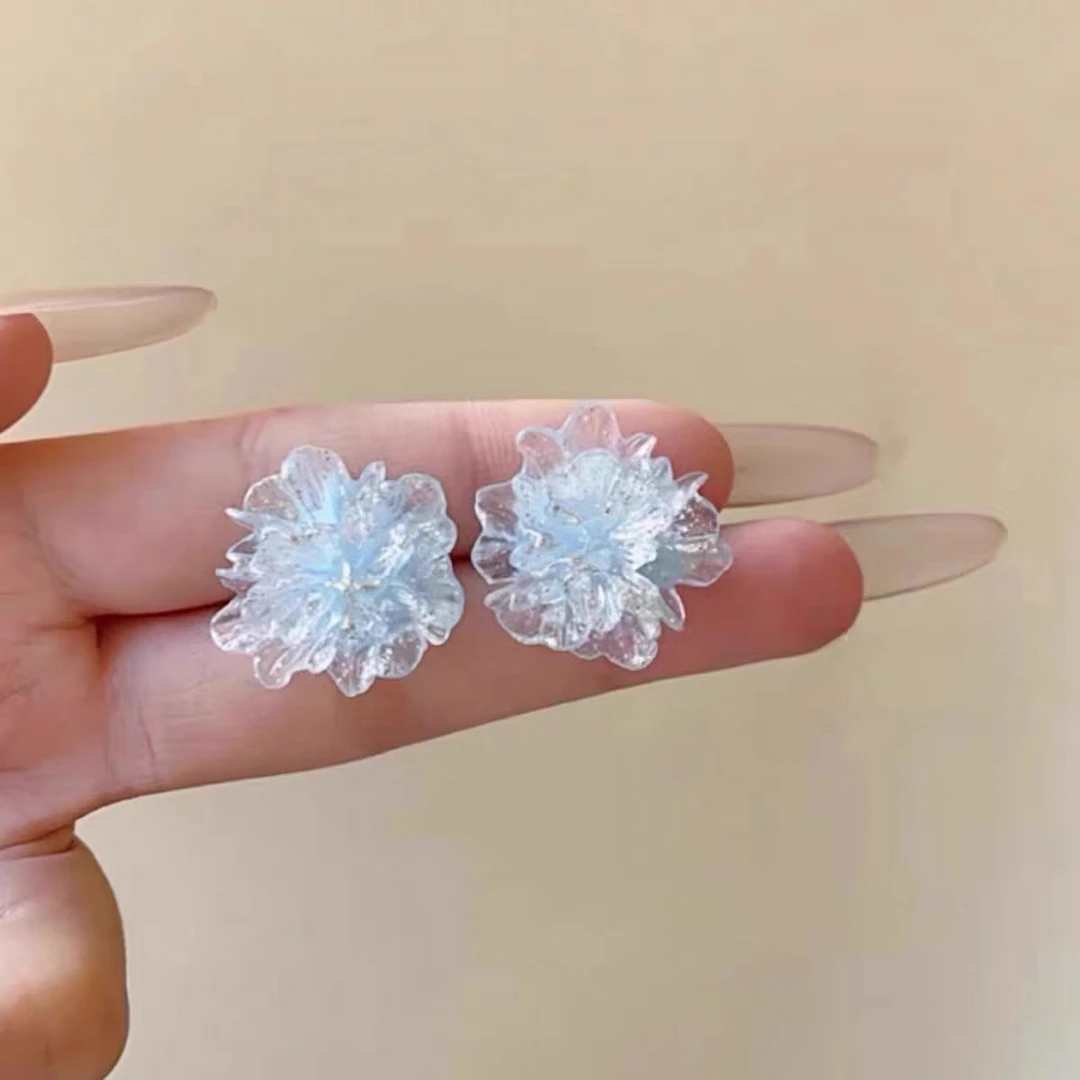 冰透蓝色花朵耳钉女春夏2025新款高级感耳饰彩色甜美小众设计耳环