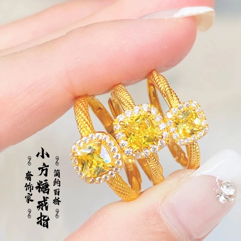 铜合金戒指 小方糖戒指超闪黄钻麻花戒指黄金色可调节指环送女友.