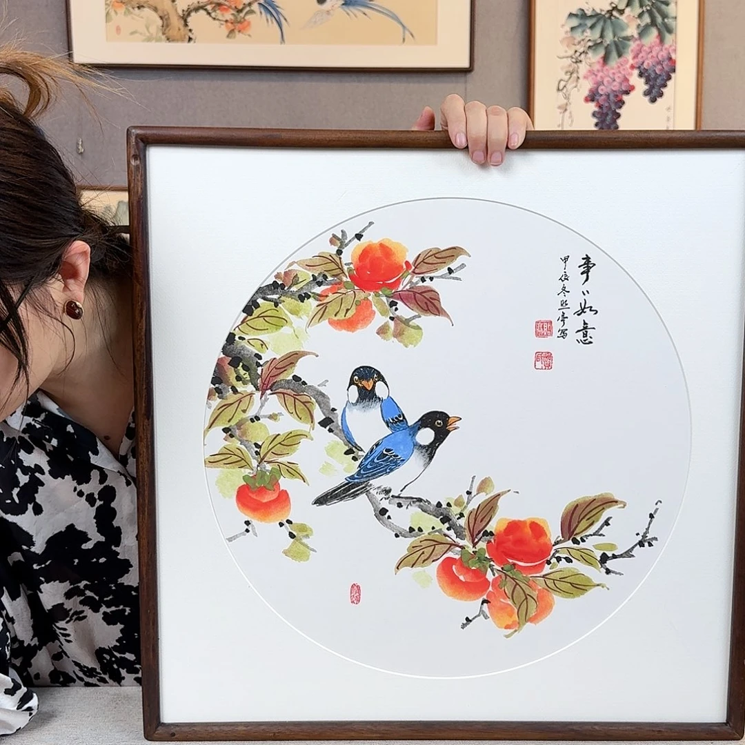 国画纯手绘，纯手写带框尺寸：53×53厘米