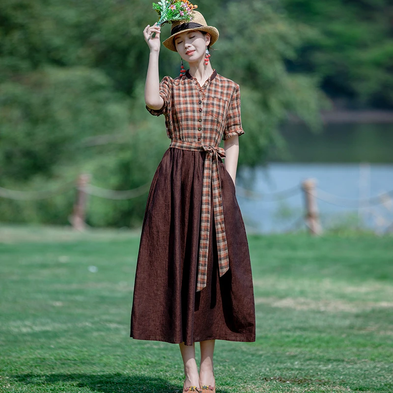 莹如衣语民族风高档亚麻色织格子拼接连衣裙夏季文艺长裙3071捡漏
