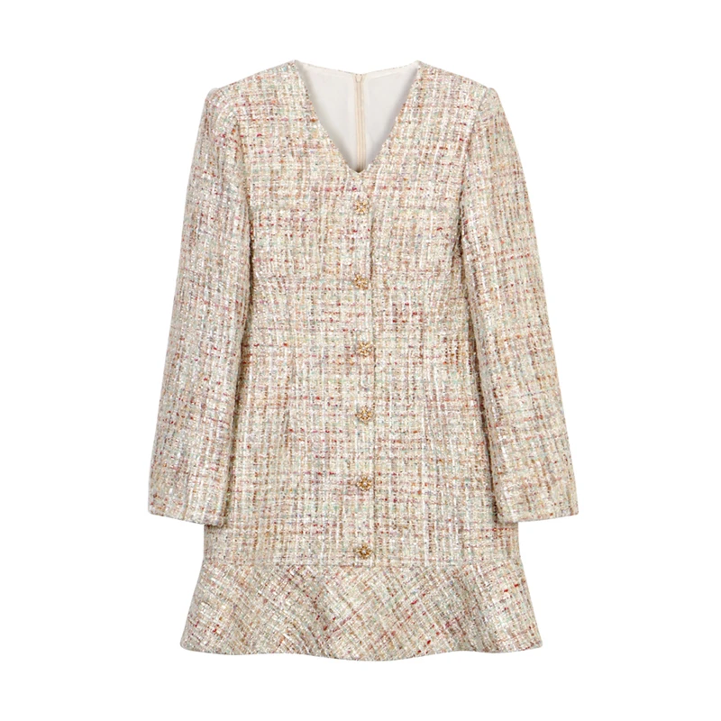 【龙哥质造】粗花呢鱼尾裙珍珠钻扣长袖连衣裙小香风显瘦裙子2905