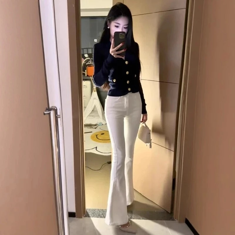 雪千羽高级白色微喇牛仔裤女春秋喇叭裤高腰显瘦拖地马蹄裤加长裤