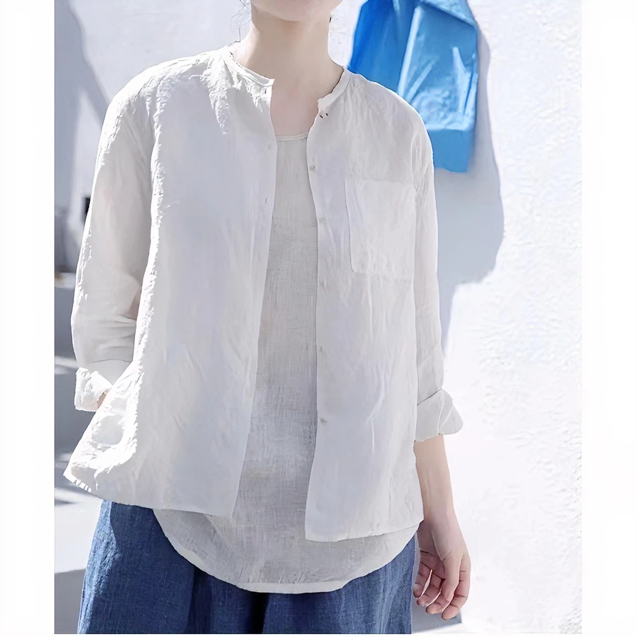 新款白色汉麻高品质高密织造休闲圆领宽松清透简约白衬衫21132
