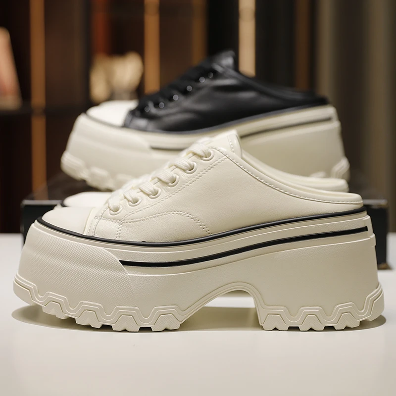 真皮厚底包头半拖鞋女2025夏季新款无后跟小个子增高松糕小白鞋