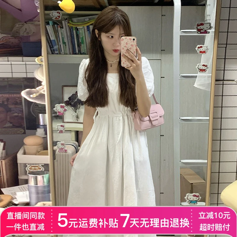 9692白色泡泡袖方领连衣裙子2026夏新款女装法式仙女长裙小个子