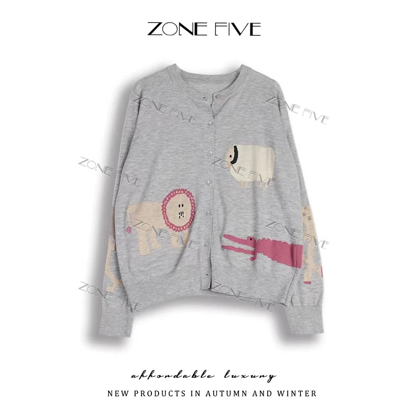 【zonefive】圆领钩花长袖宽松针织衫女士不褪色动物常规款