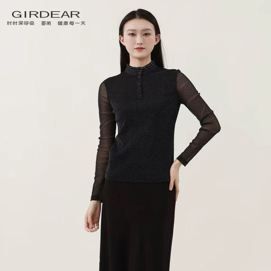 GIRDEAR/哥弟蕾丝立领时尚修身显瘦长袖镂空T恤网纱上衣女1300439