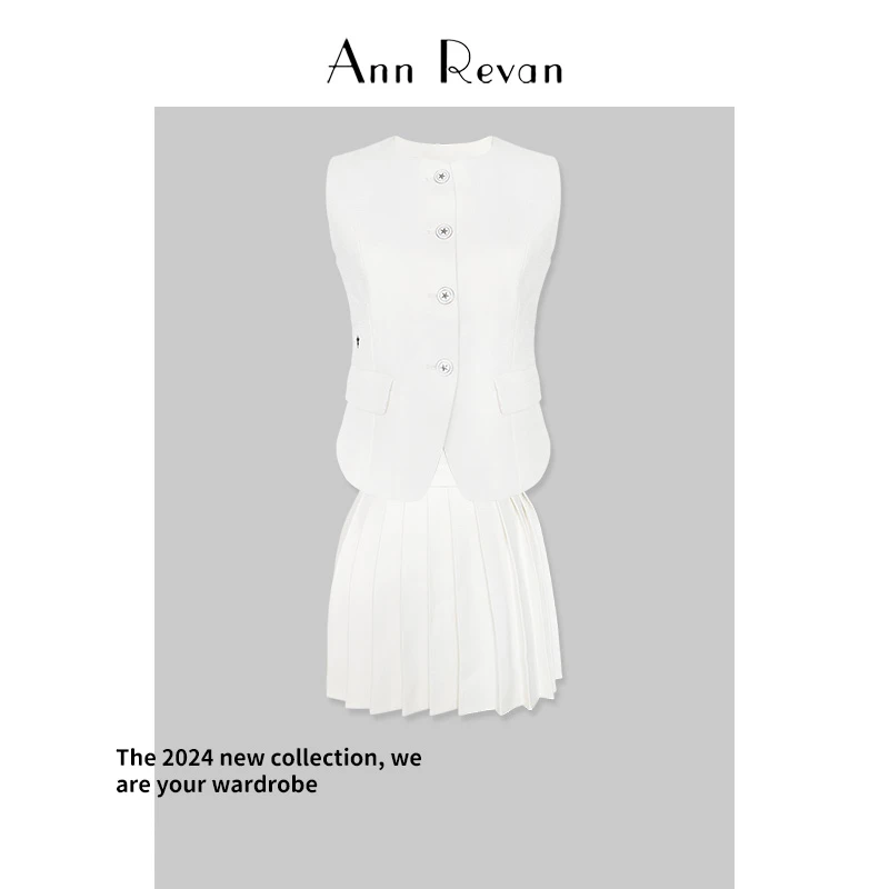 DY3291-小香套装春季新款轻奢高级感学院风白色马甲百褶裙两件套