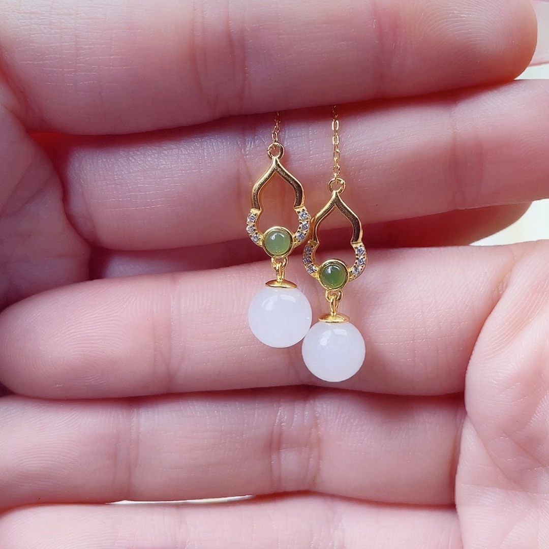 和田玉银S925镀金镶嵌耳饰