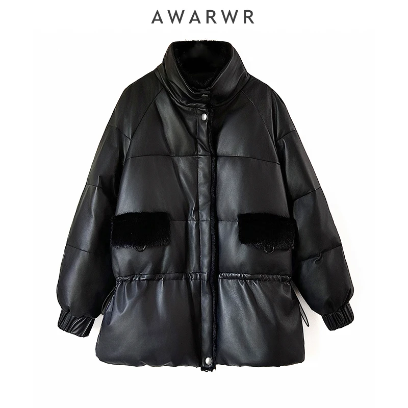 AWARWR「松弛小羊皮鹅绒服」绵羊皮真皮水貂毛宽松大翻领-VSYG2091