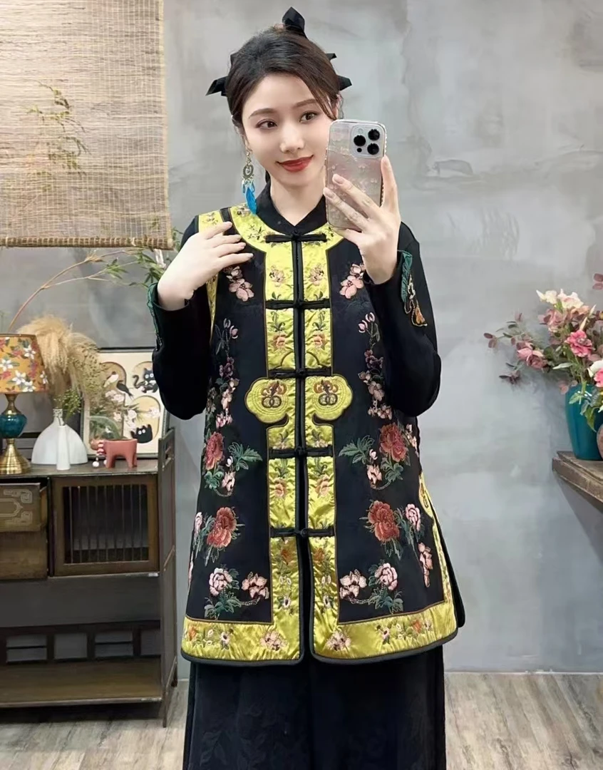 308新款 国风绣花加棉马甲中式时尚加厚立领保暖提花