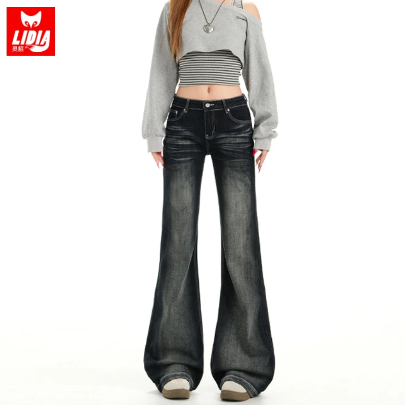 黑色美式微喇牛仔裤女士2025秋季新款裤子弹力修身显瘦拖地喇叭裤