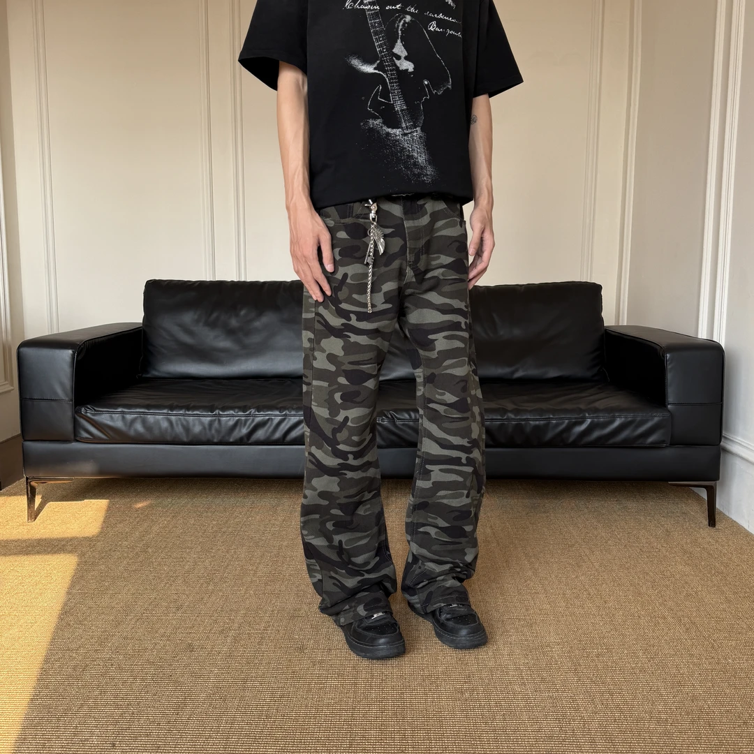 YearnObtainRainbow美式深色迷彩直筒牛仔裤休闲男女中性风潮流