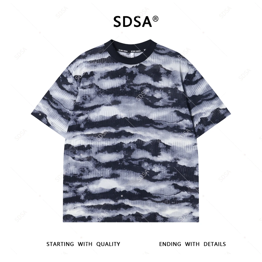 夏季高级感新款男士扎染水墨镂空短袖T恤复古宽松潮流圆领上衣