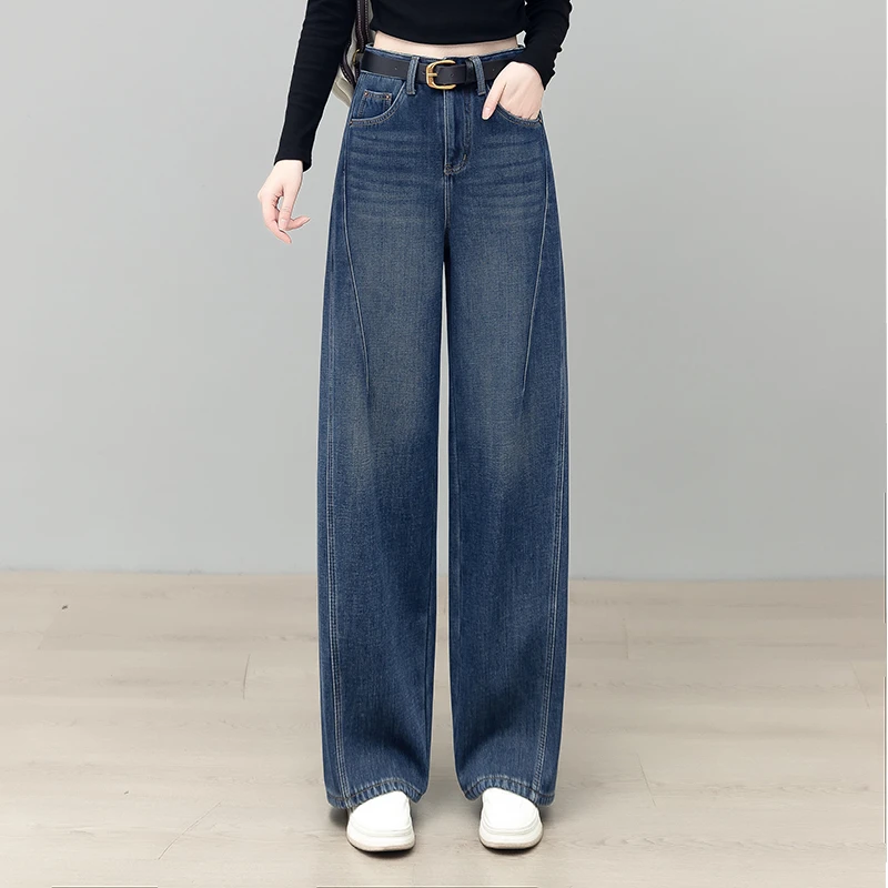 镰刀牛仔阔腿裤女2025年春秋季新款高腰宽松小个子窄版直筒香蕉裤