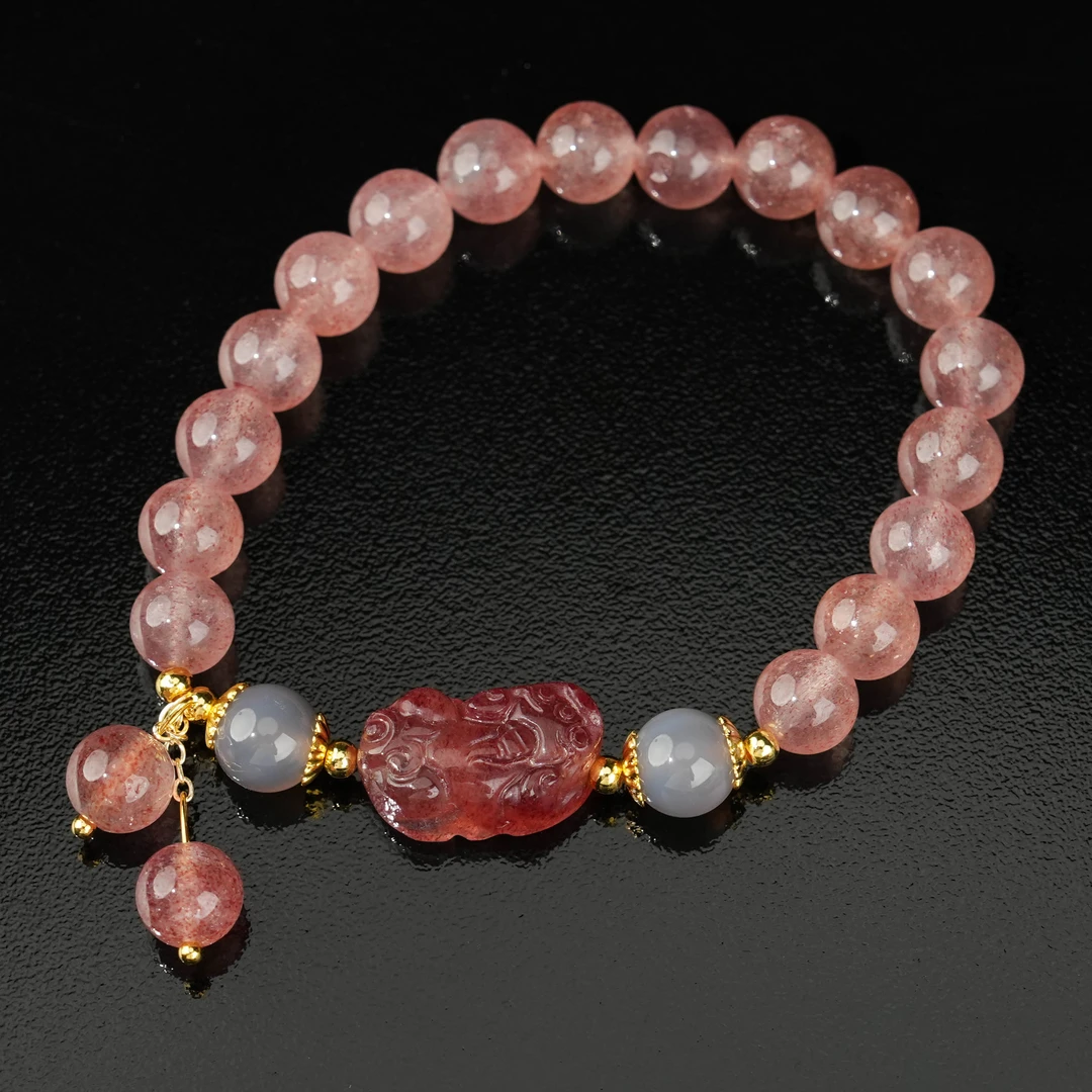 草莓晶+玛瑙貔貅+玛瑙隔珠手串通用黑色礼盒一 -CB013（卡径：8mm）