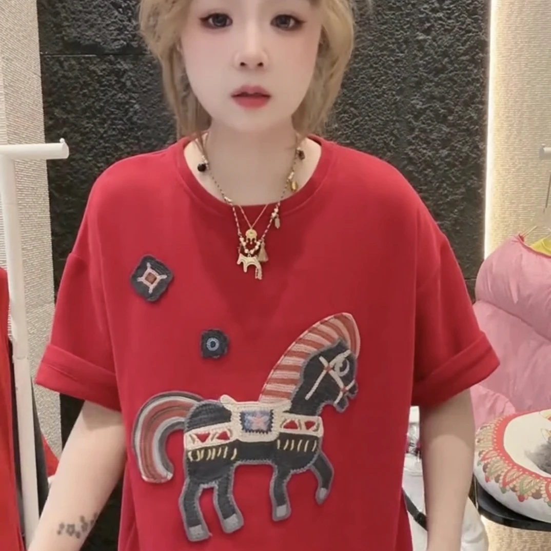 韩版设计感减龄显瘦百搭小马短袖T恤女春季流行爆款中长款上衣