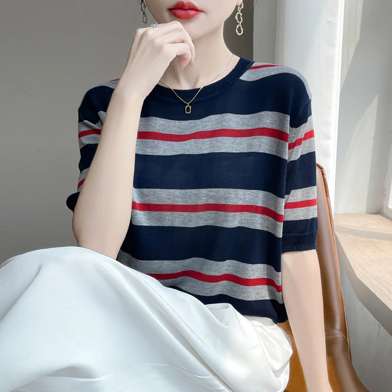 正品夏季新款韩版时尚圆领短袖条纹针织衫T恤减龄上衣