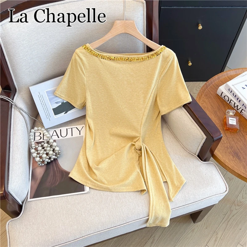 拉夏贝尔夏季新款纯欲风一字领烫钻短袖T恤时尚百搭收腰显瘦上衣