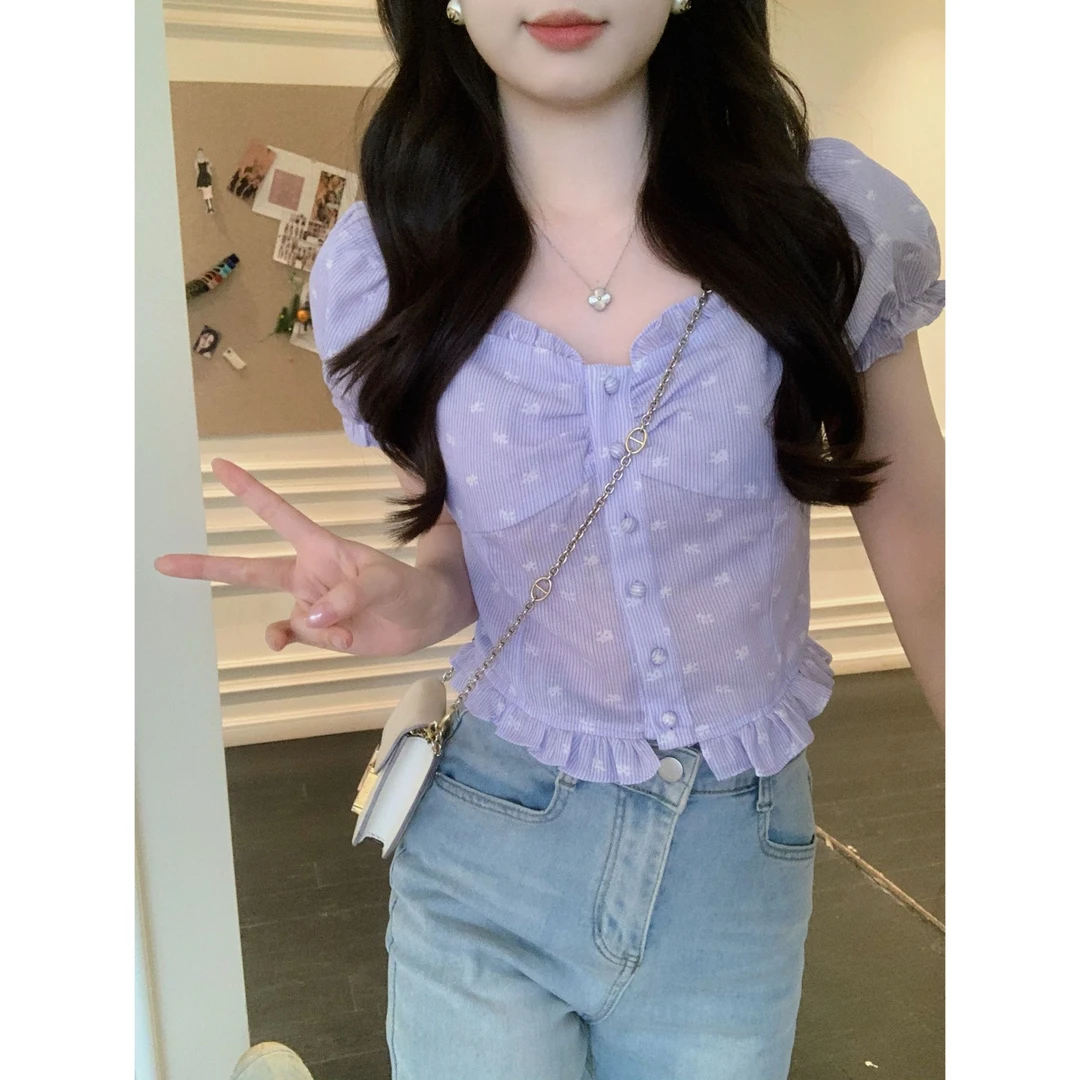 小奶盖 紫色夏日少女感甜美小花边刺绣包扣两穿式上衣