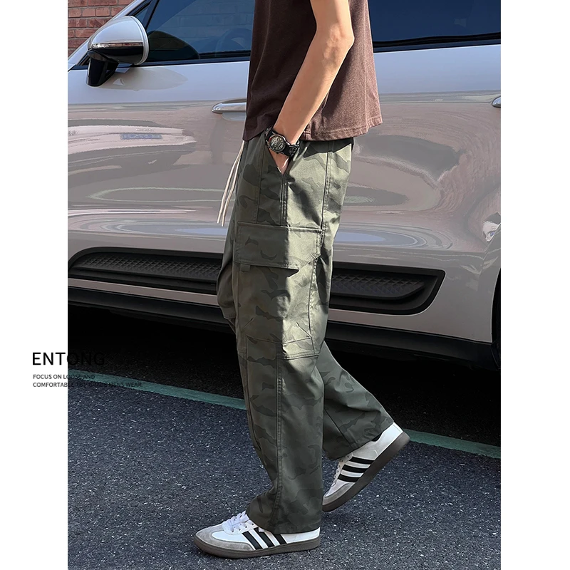 Entong美式复古街头迷彩宽松大口袋工装裤男生直筒百搭休闲裤子潮