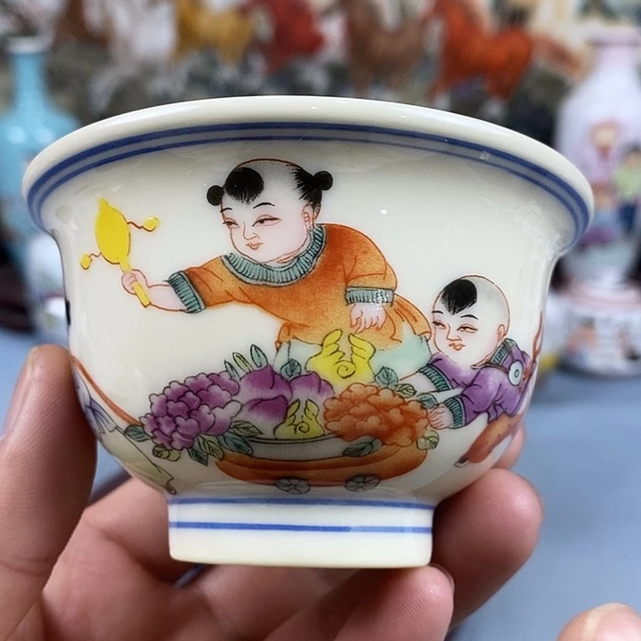 青花釉里红陶宝宝婴戏图茶杯