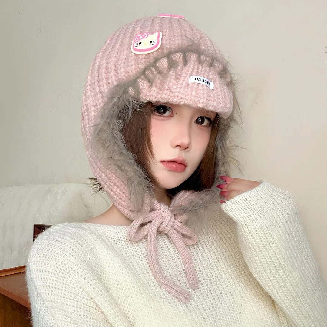 韩系可爱kitty粉色少女心毛绒帽子秋冬百搭显脸小保暖护耳针织帽