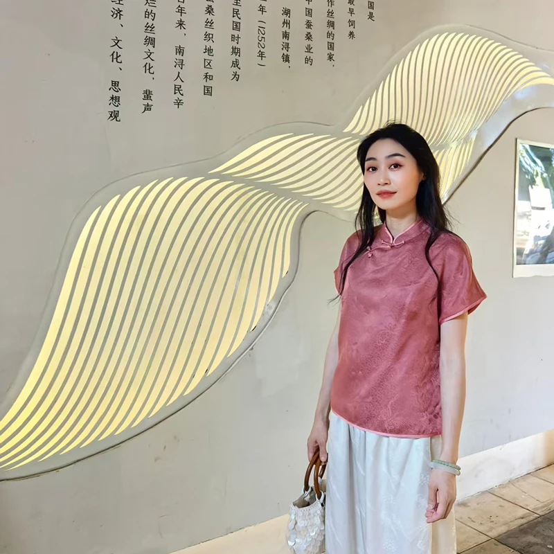 25姆米满分桑蚕丝绞罗提花红云纱立领短袖衬衣12406-3