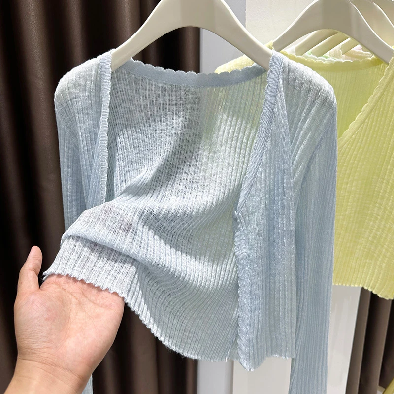 蓝色冰丝针织小开衫夏季薄款罩衫配吊带裙子外搭长袖披肩短款上衣