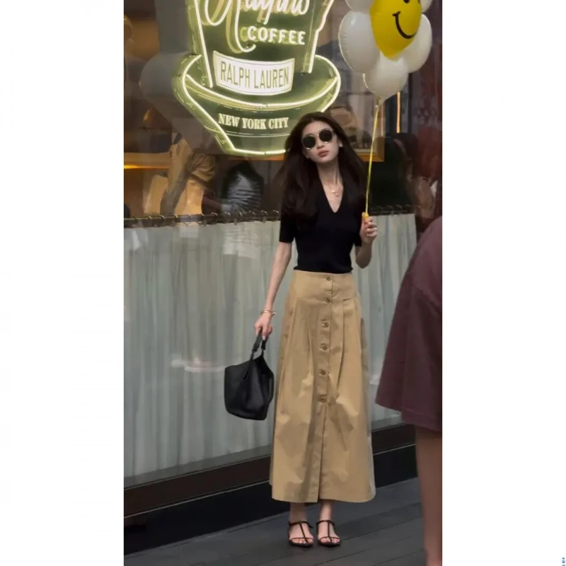 气质复古套装女夏季新款韩版黑色V领短袖上衣休闲A字半身裙两件套