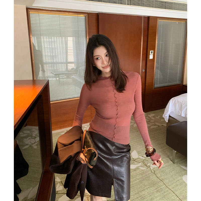 【ALONE SAVOR】龍喜儿朦胧剪影 简约绵羊毛肌理感修身T恤Z922