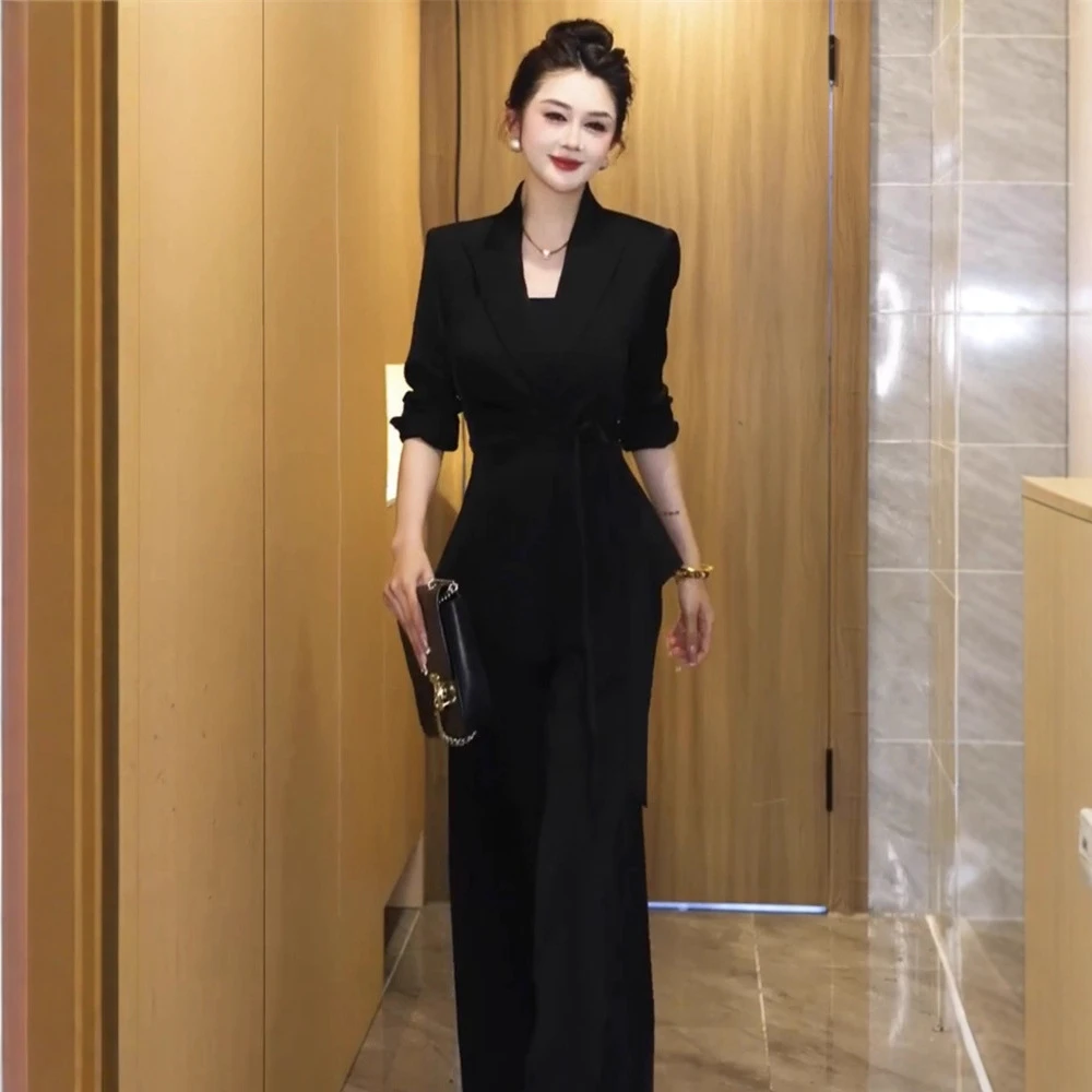 大码女装胖mm炸街设计感中长款西装套装显瘦职业西装阔腿裤两件套