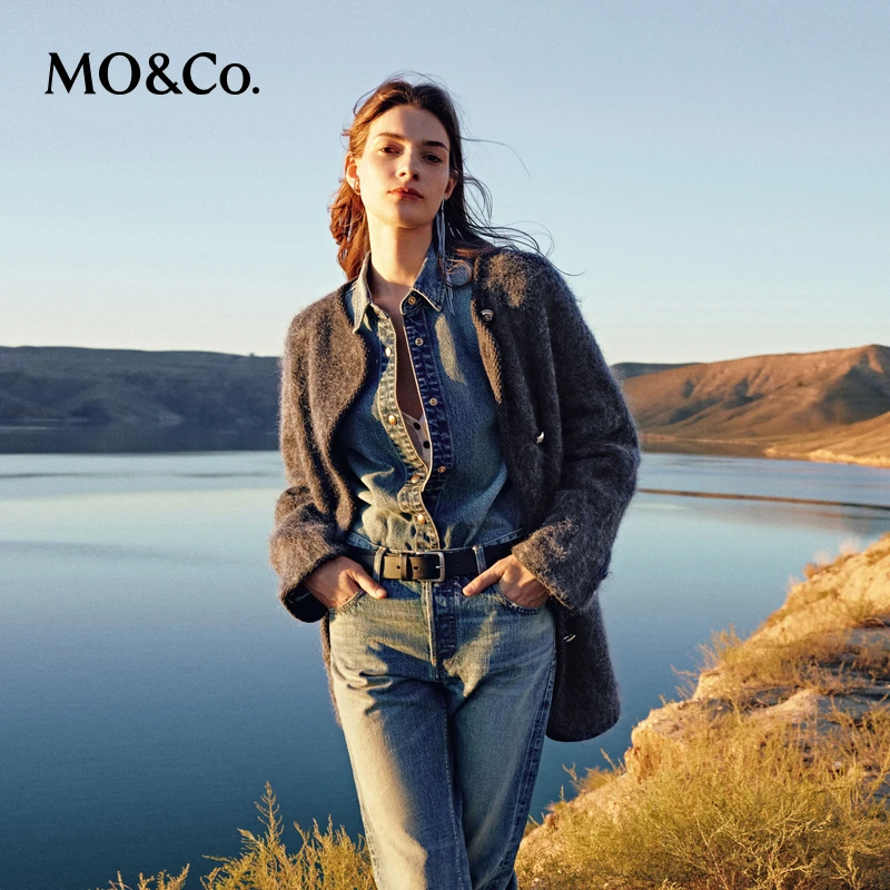【诗语专属】MOCO含绵羊毛宽松圆领毛织外套雕花金扣MBC4CARK01