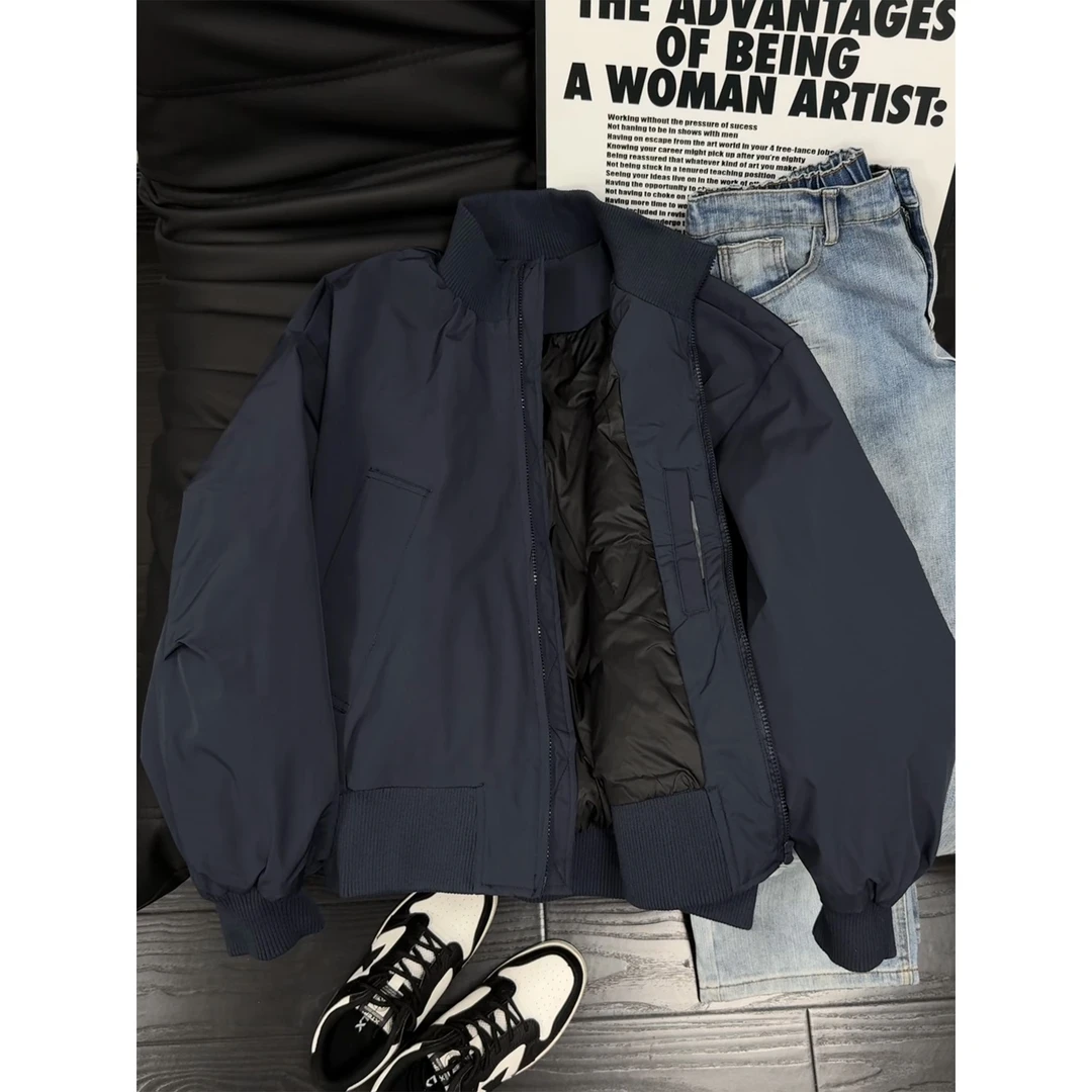 藏青色美式短款飞行夹克羽绒服男款冬季加厚保暖轻薄立领棉服外套