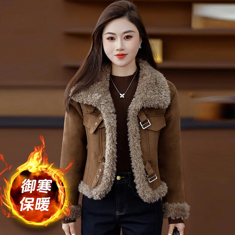 时尚加绒加厚短外套女2025冬季新款洋气显瘦翻领小个子保暖外套潮