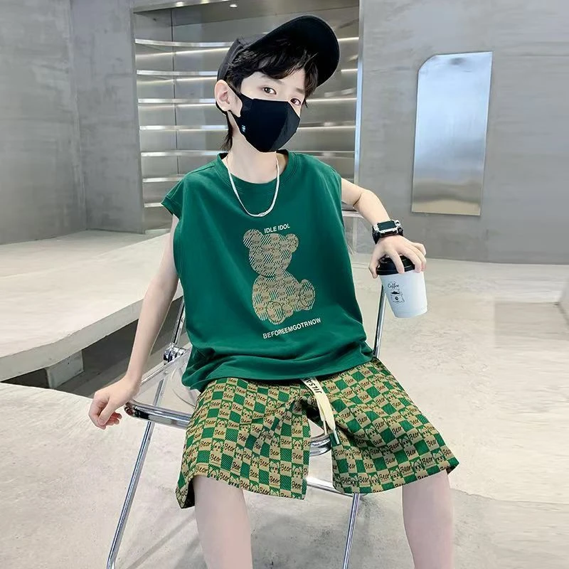 2025新款帅气套装中大童儿童夏装无袖背心两件套9360