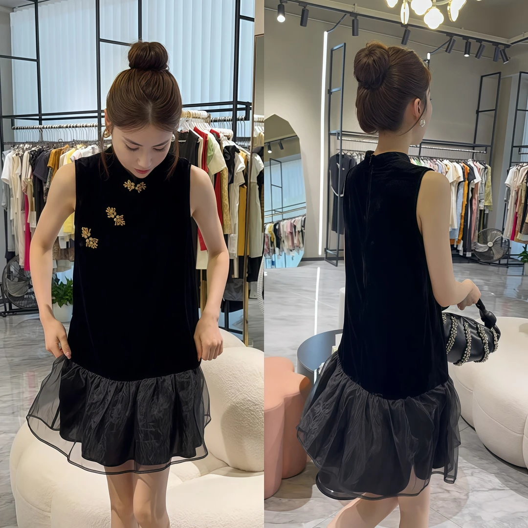 夏季无袖显瘦遮肉纯色千金风丝绒连衣裙韩版ins百搭拼接中长款裙