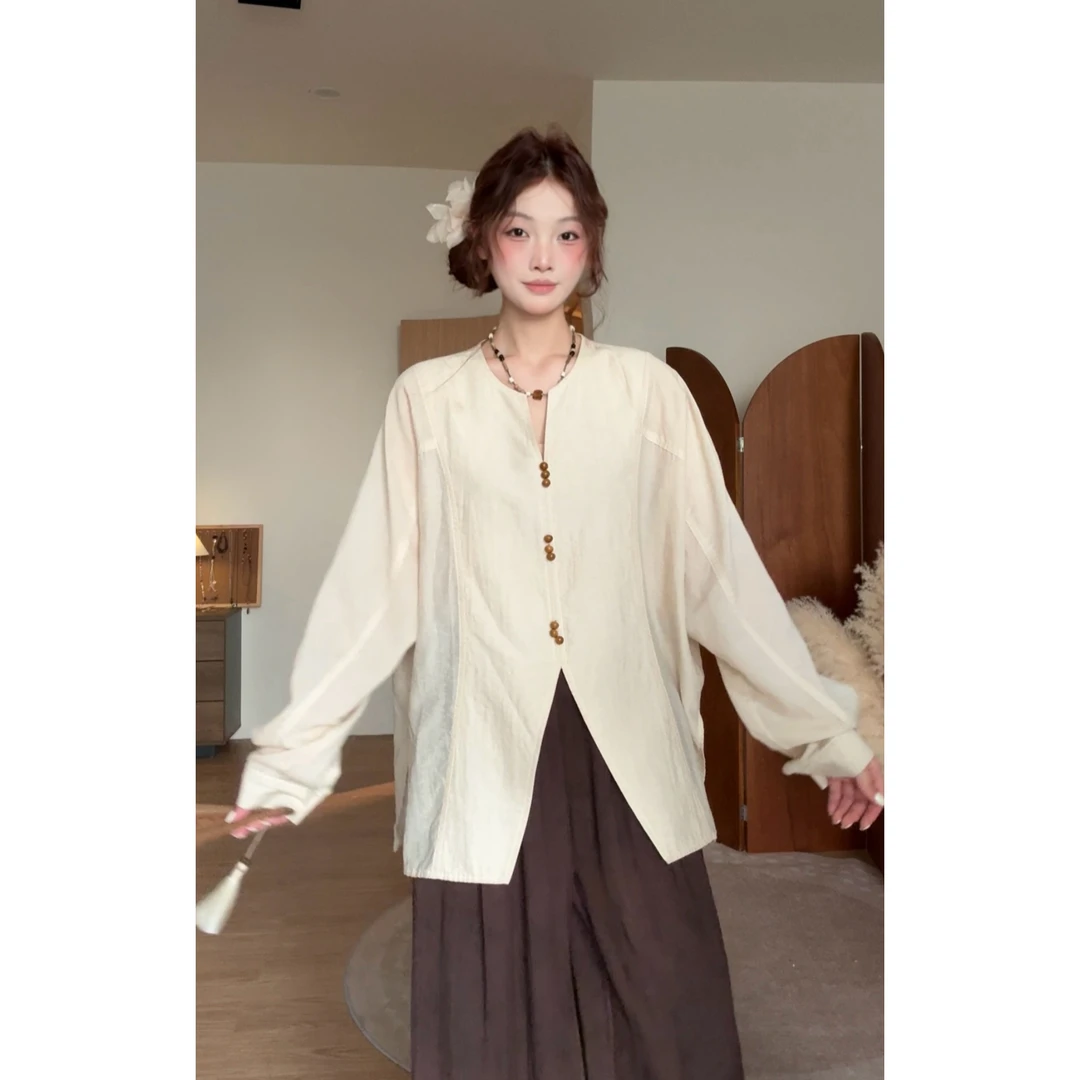 VGVL衬衫【九月相思豆】春秋季中开衩显高气质长袖衬衫女